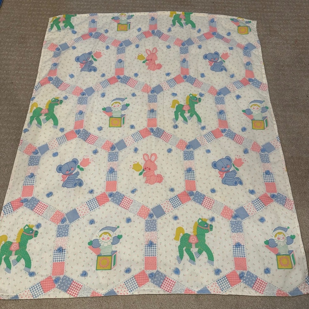 Vintage Handmade Baby Blanket Nursery Animals Rabbits Bears Patchwork